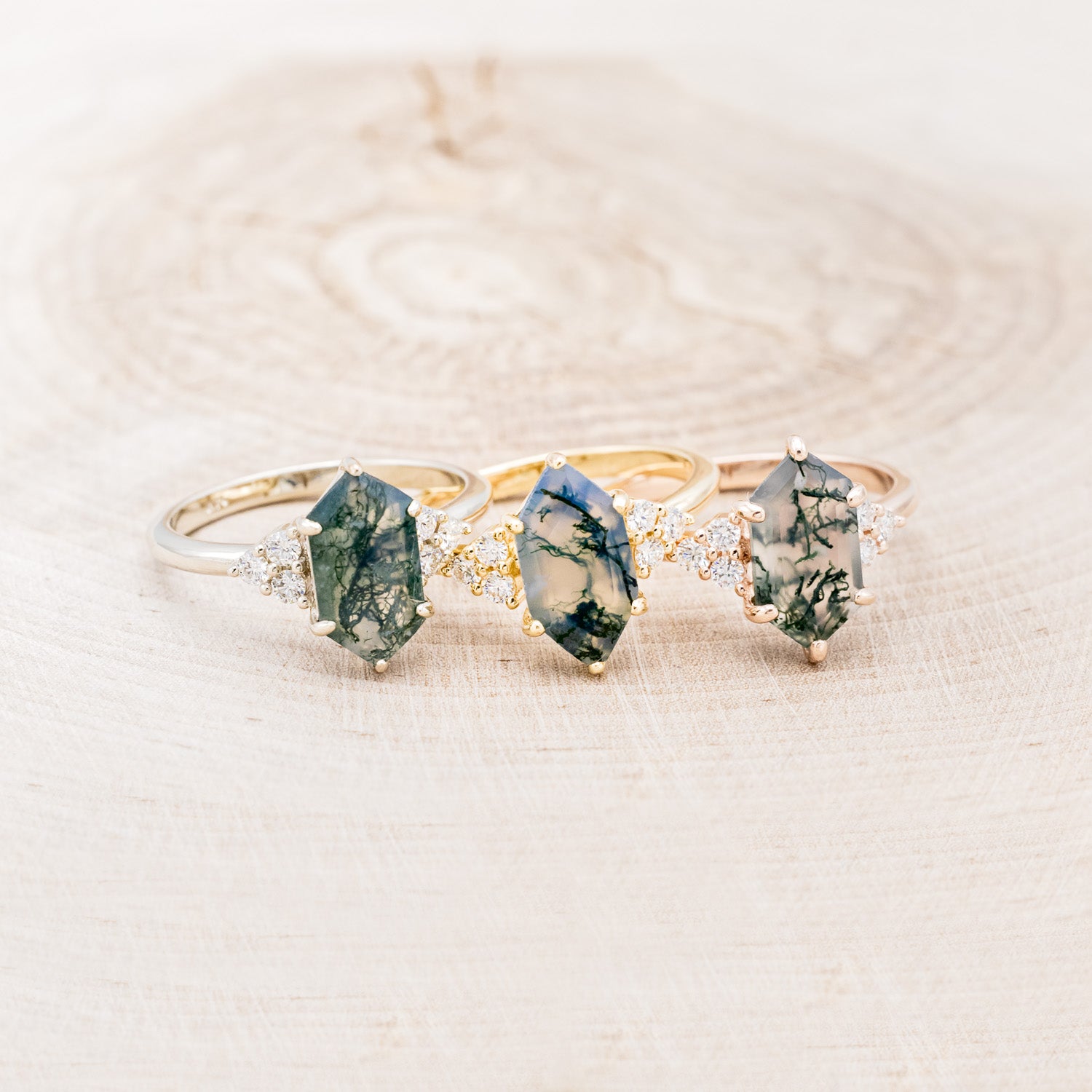 "OCTAVIA" - ELONGATED HEXAGON MOSS AGATE ENGAGEMENT RING WITH DIAMOND ACCENTS - EXPEDITED-10