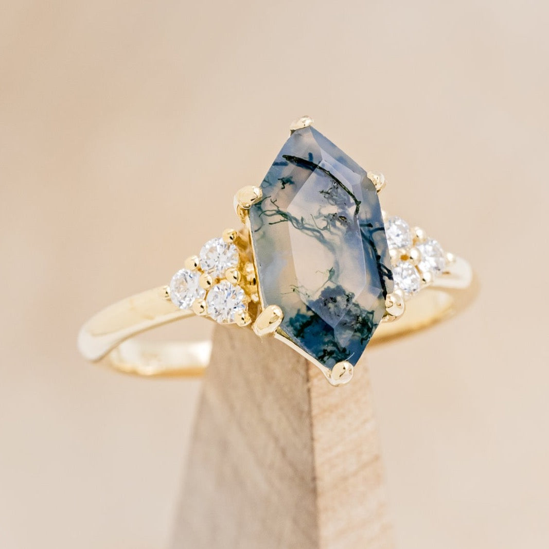 "OCTAVIA" - ELONGATED HEXAGON MOSS AGATE ENGAGEMENT RING WITH DIAMOND ACCENTS - EXPEDITED-4