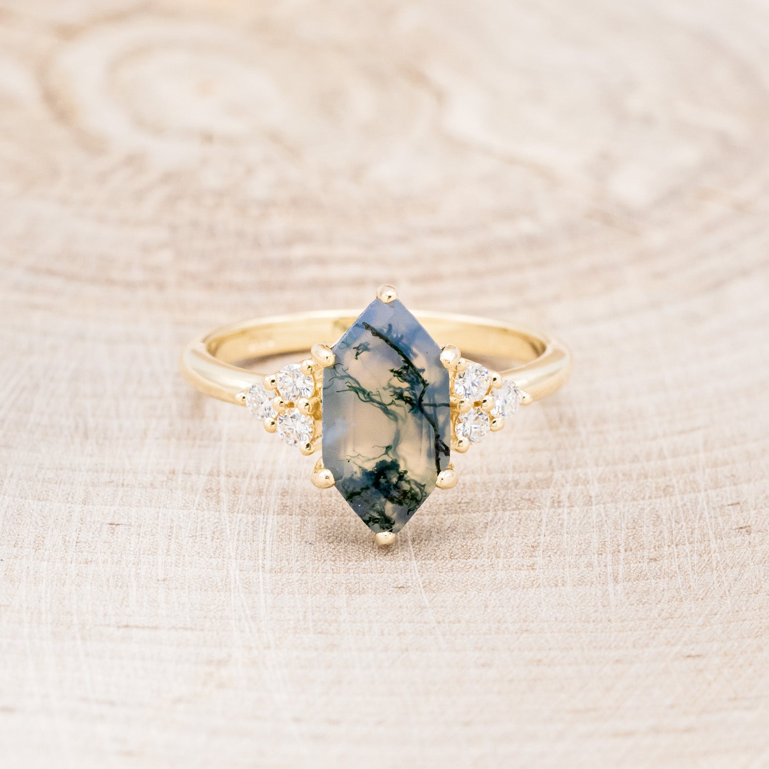 "OCTAVIA" - ELONGATED HEXAGON MOSS AGATE ENGAGEMENT RING WITH DIAMOND ACCENTS - EXPEDITED-6