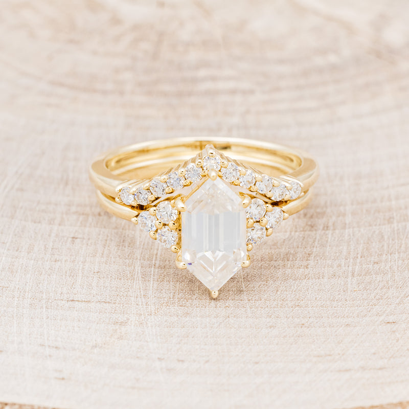 "OCTAVIA" - BRIDAL SUITE - ELONGATED HEXAGON MOISSANITE ENGAGEMENT RING WITH DIAMOND ACCENTS & TRACER