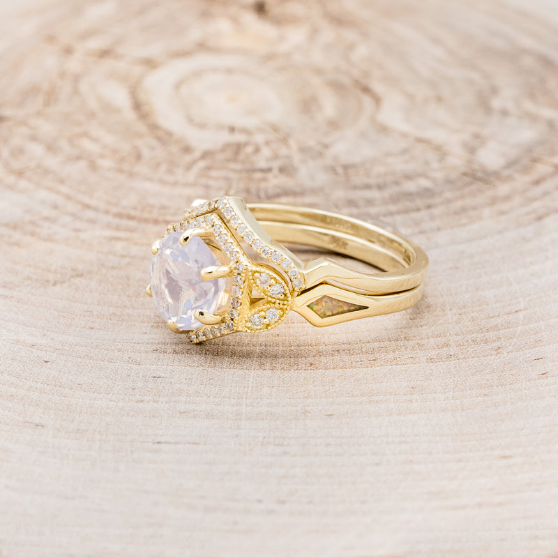 "LUCY IN THE SKY" - ROUND CUT LAVENDER MOON QUARTZ WEDDING BAND SET WITH DIAMOND HALO & TRACER
