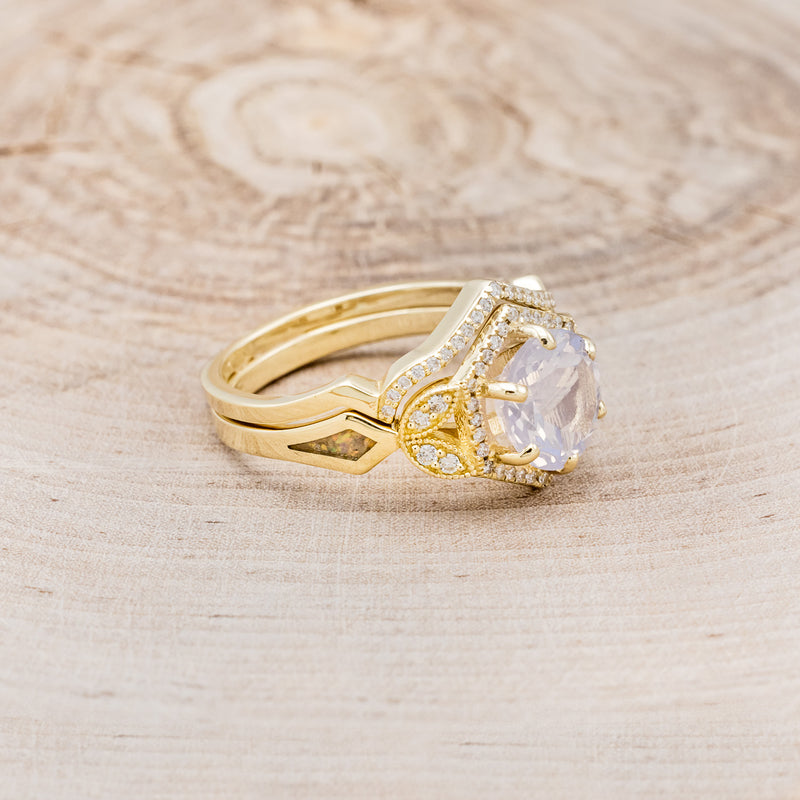 "LUCY IN THE SKY" - ROUND CUT LAVENDER MOON QUARTZ WEDDING BAND SET WITH DIAMOND HALO & TRACER