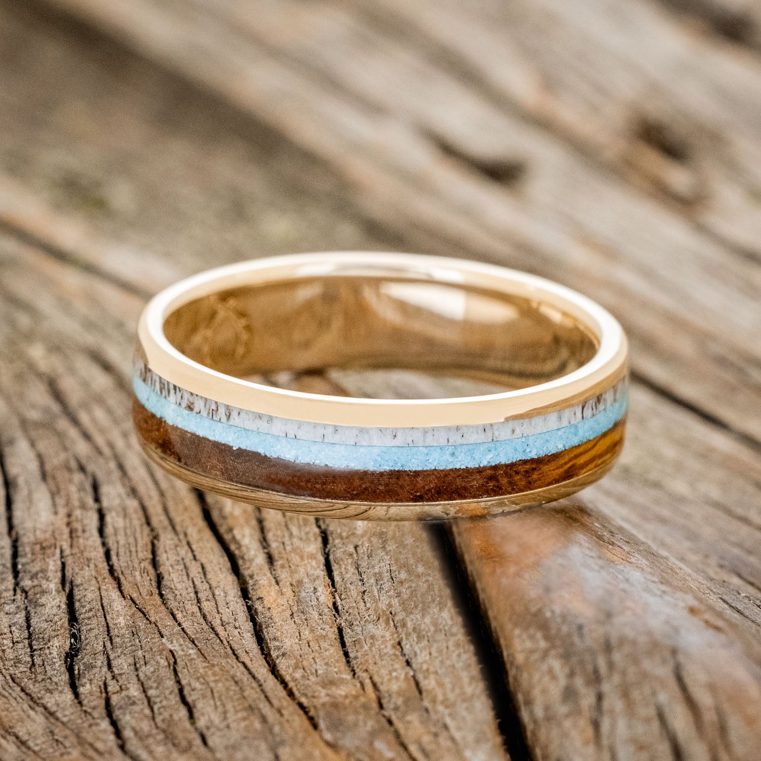 "RAINIER" - ANTLER, IRONWOOD & TURQUOISE WEDDING RING FEATURING A 14K GOLD BAND-6