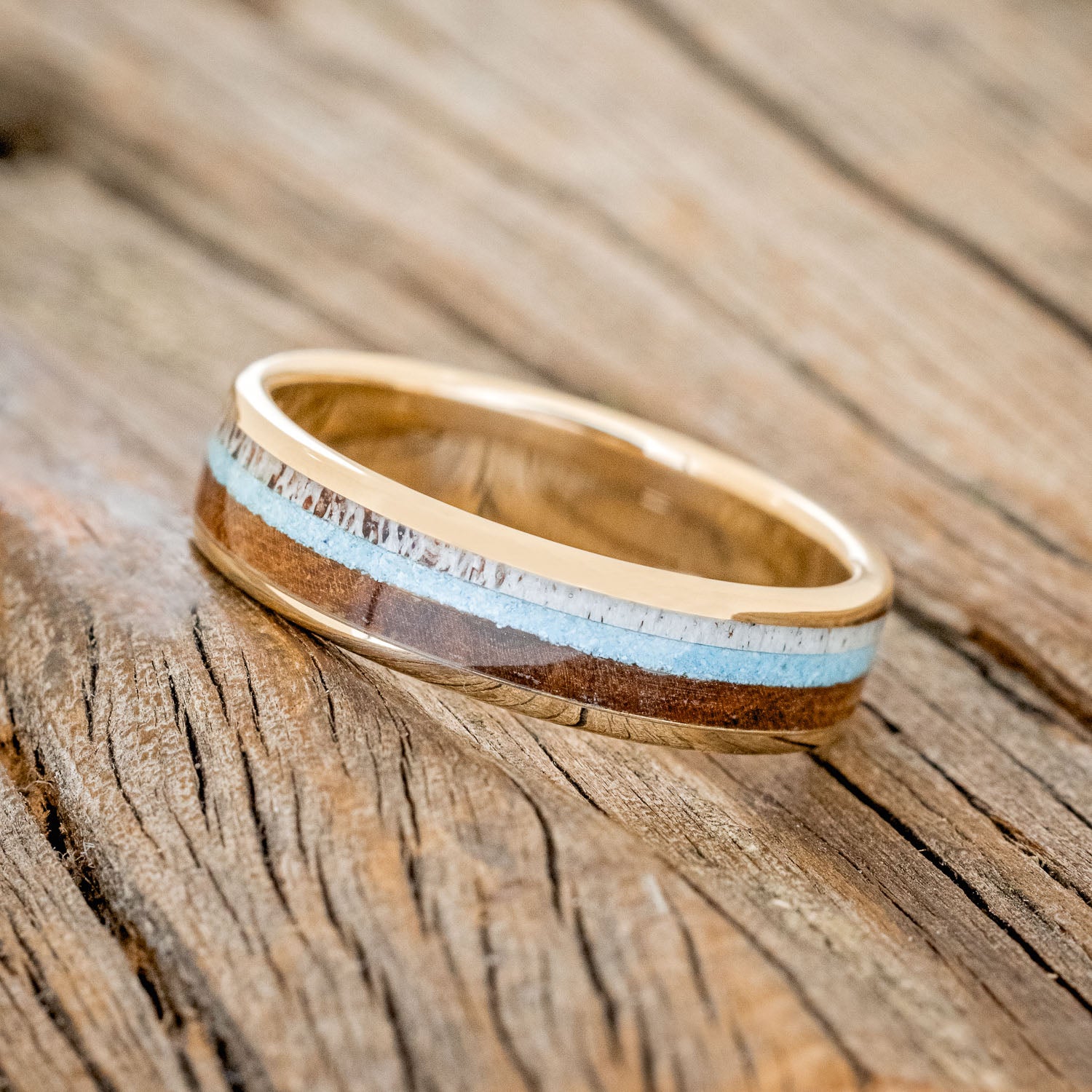 "RAINIER" - ANTLER, IRONWOOD & TURQUOISE WEDDING RING FEATURING A 14K GOLD BAND-5