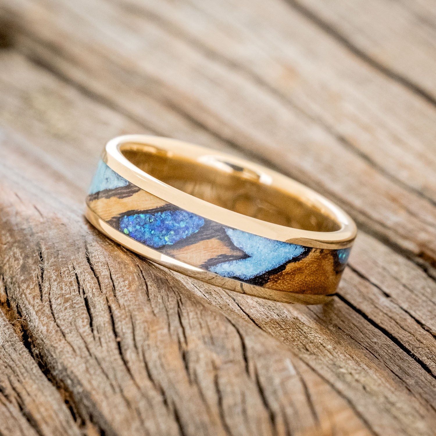 "RAINIER" - ELM BURL WOOD, BLUE OPAL & TURQUOISE WEDDING RING-2