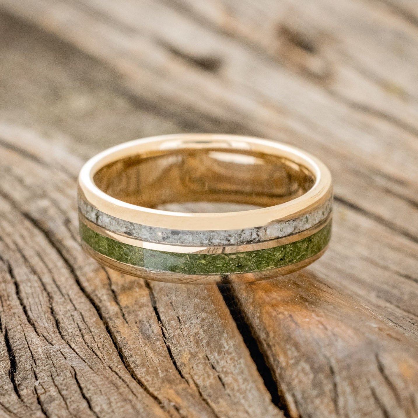 "RAPTOR" - MOSS WITH MOLDAVITE & MOONSTONE MIX WEDDING BAND-12