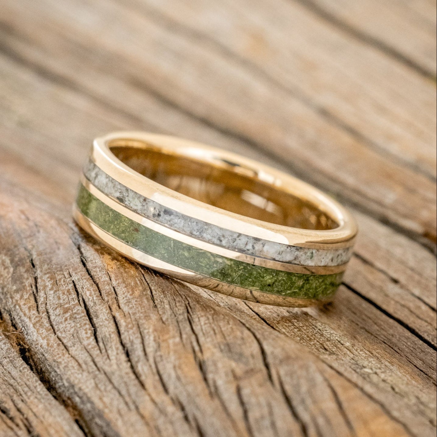 "RAPTOR" - MOSS WITH MOLDAVITE & MOONSTONE MIX WEDDING BAND-11
