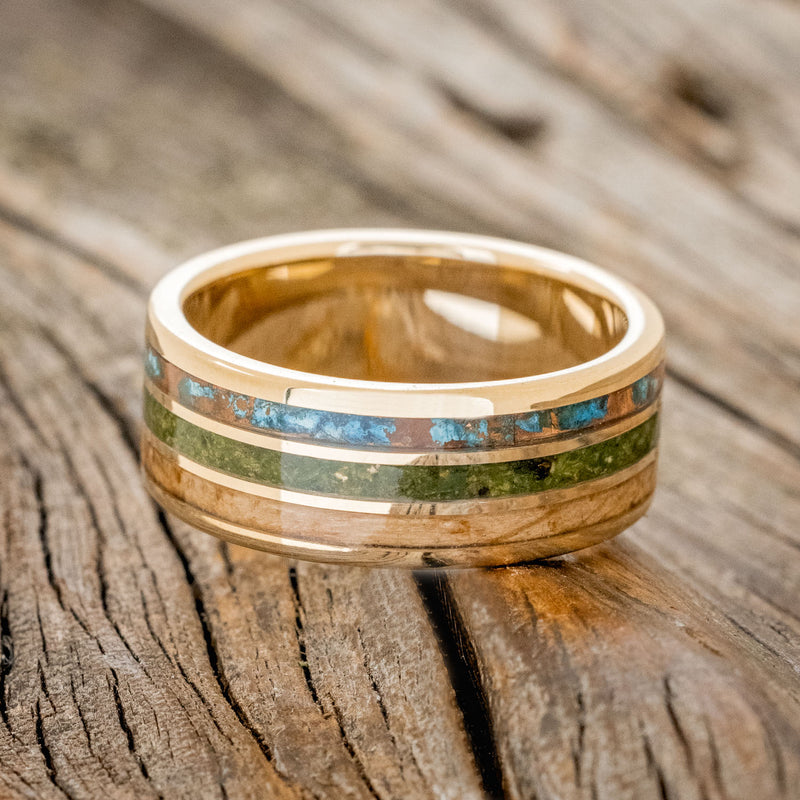 "RIO" - PATINA COPPER, MOSS & WHISKEY BARREL OAK WEDDING RING FEATURING A 14K GOLD BAND