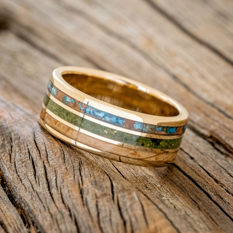 "RIO" - PATINA COPPER, MOSS & WHISKEY BARREL OAK WEDDING RING FEATURING A 14K GOLD BAND-5