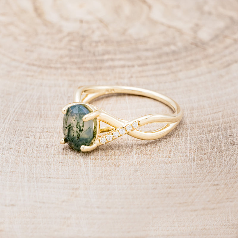 "ROSLYN" - OVAL MOSS AGATE ENGAGEMENT RING WITH DIAMOND ACCENTS