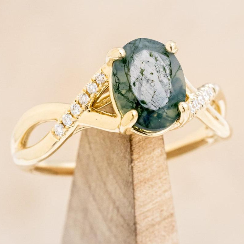 "ROSLYN" - OVAL MOSS AGATE ENGAGEMENT RING WITH DIAMOND ACCENTS-7