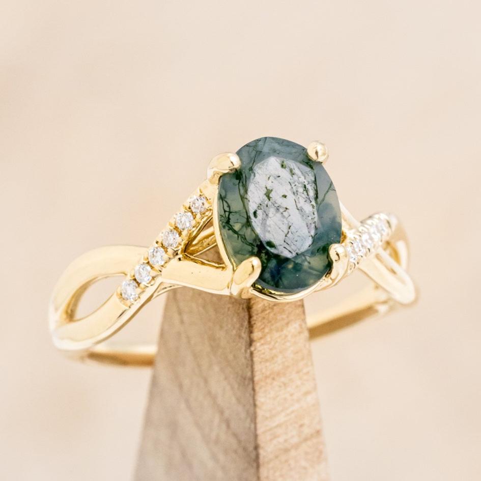"ROSLYN" - OVAL MOSS AGATE ENGAGEMENT RING WITH DIAMOND ACCENTS-7