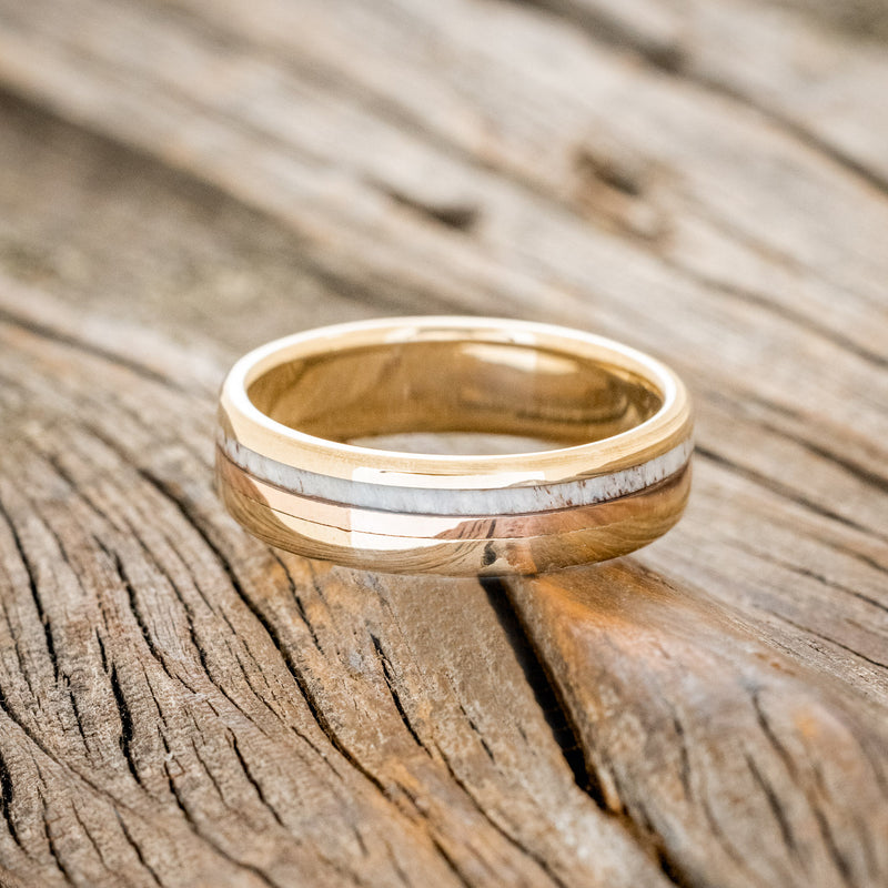 "TANNER" - ANTLER & 14K GOLD INLAY WEDDING RING FEATURING A BRUSHED BLACK ZIRCONIUM BAND-6