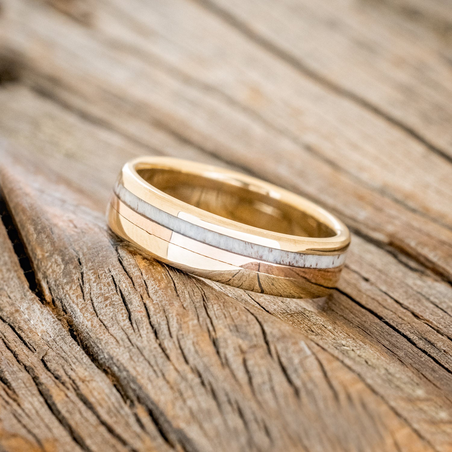 "TANNER" - ELK ANTLER & 14K GOLD INLAY WEDDING BAND-5