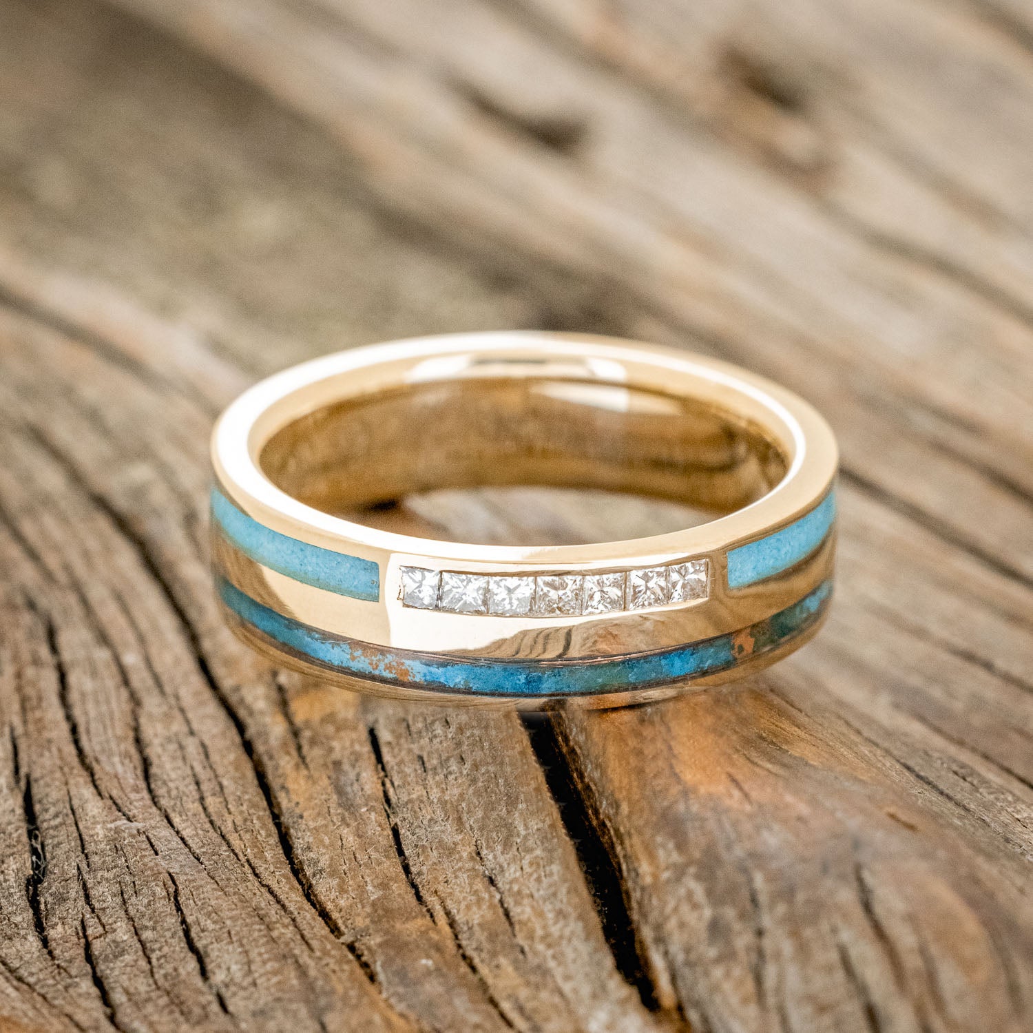 "TRIDENT" - DIAMOND, PATINA COPPER & TURQUOISE INLAYS WEDDING BAND-3