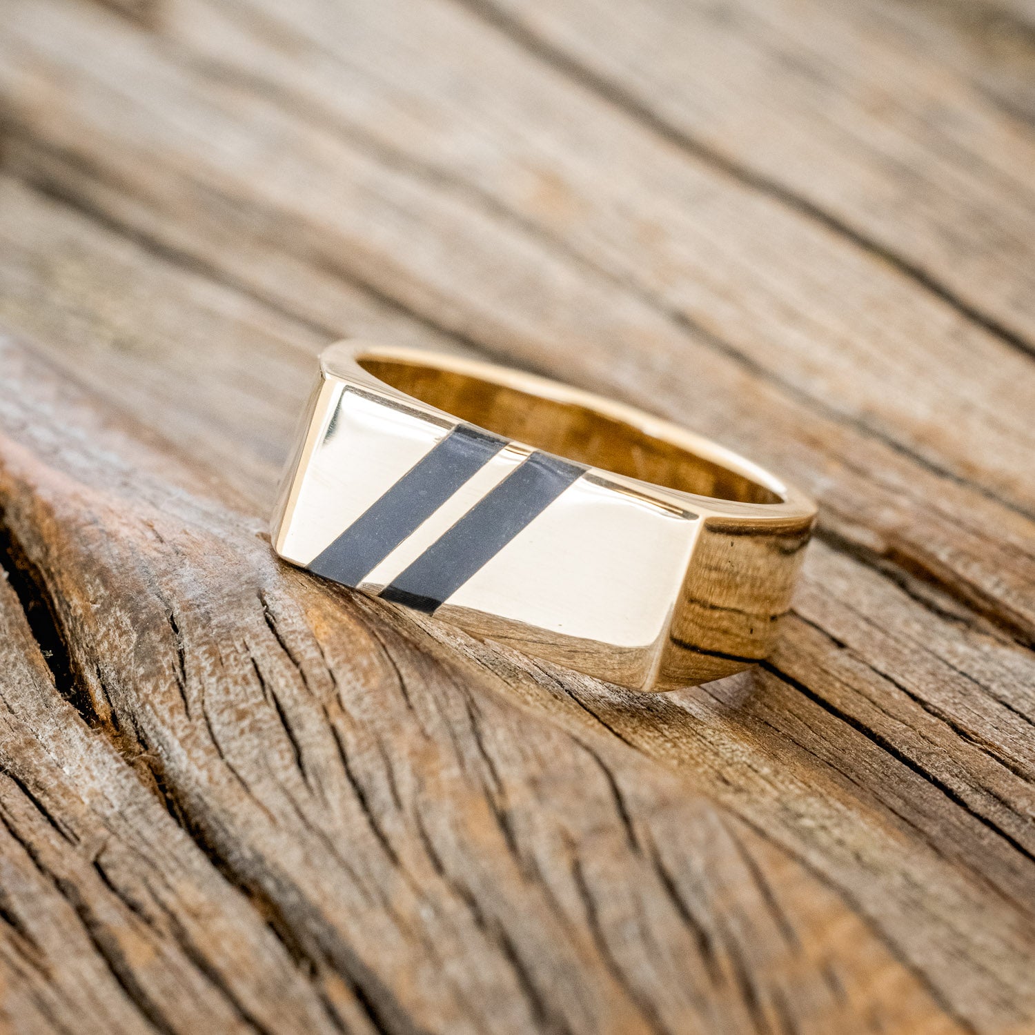 "TWAIN" - FLAT TOP WEDDING RING FEATURING DIAGONAL BLACK JET STONE INLAYS-2