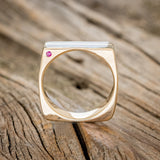 "VEGA" - FLAT TOP MOSS & PATINA COPPER WEDDING BAND WITH SIDE SET RUBIES-4