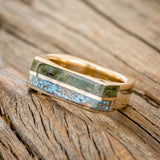 "VEGA" - FLAT TOP MOSS & PATINA COPPER WEDDING BAND WITH SIDE SET RUBIES-2