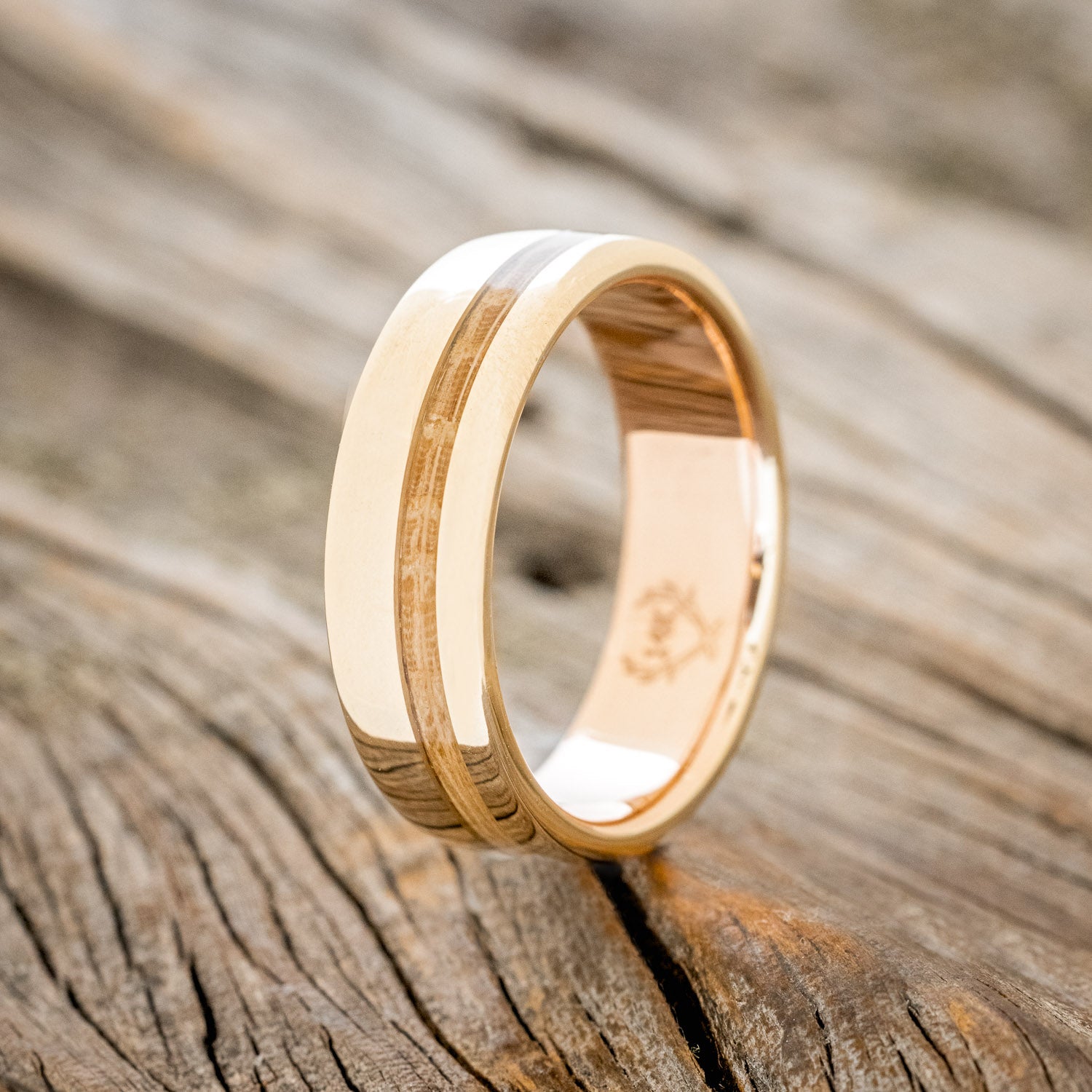 "VERTIGO" - OFFSET WHISKEY BARREL OAK WEDDING BAND-16