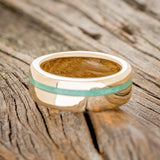 "VERTIGO" - MATCHING SET OF 14K GOLD BANDS WITH MALACHITE, LAPIS LAZULI INLAYS & WHISKEY BARREL LINING-8