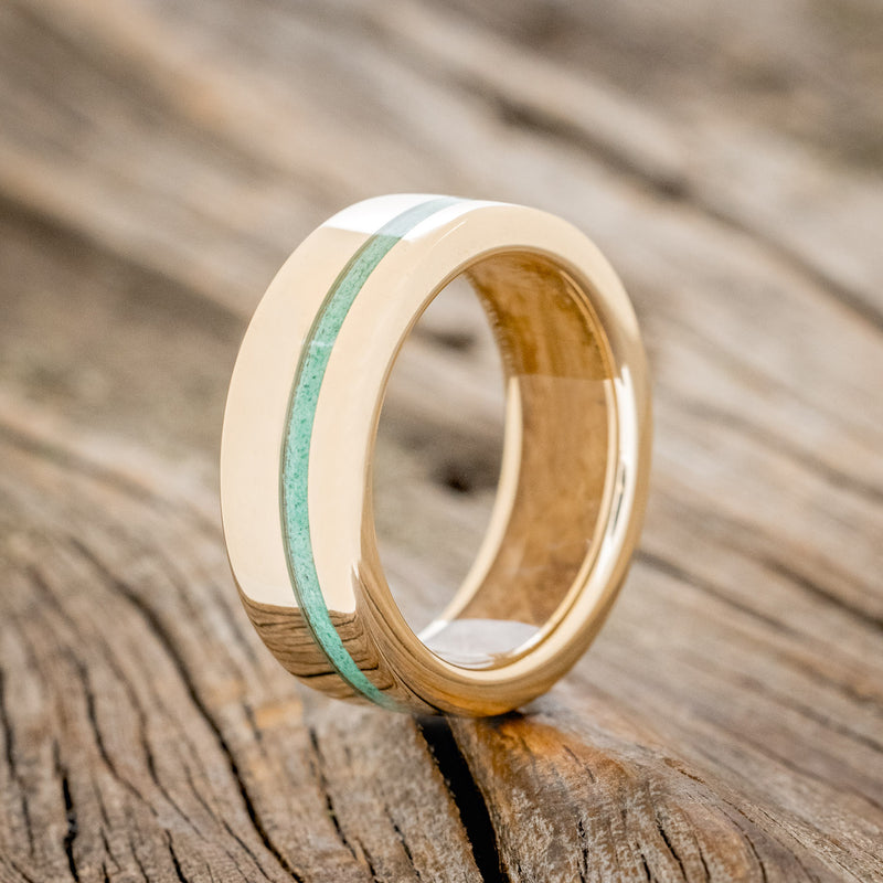 "VERTIGO" - MATCHING SET OF 14K GOLD BANDS WITH MALACHITE, LAPIS LAZULI INLAYS & WHISKEY BARREL LINING-4