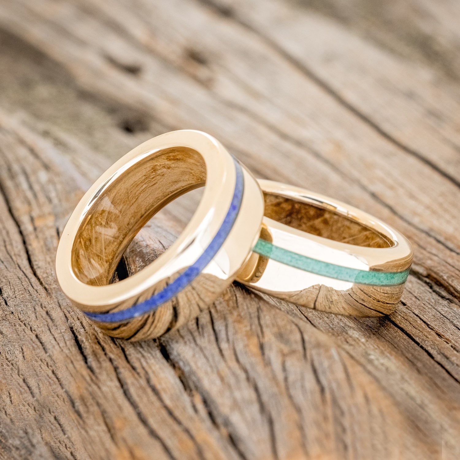"VERTIGO" - MATCHING SET OF 14K GOLD BANDS WITH MALACHITE, LAPIS LAZULI INLAYS & WHISKEY BARREL LINING-2