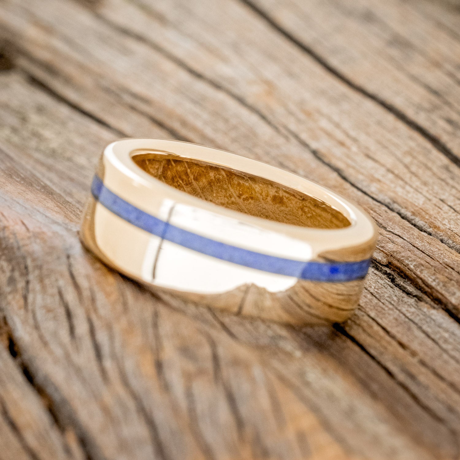 "VERTIGO" - LAPIS LAZULI WEDDING RING FEATURING A WHISKEY BARREL LINED BAND-11