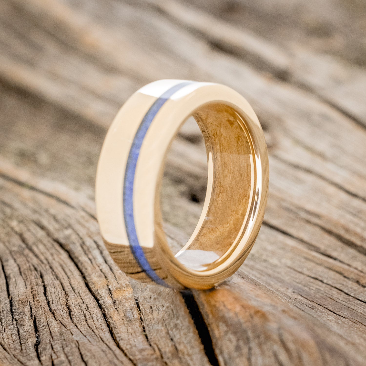 "VERTIGO" - LAPIS LAZULI WEDDING RING FEATURING A WHISKEY BARREL LINED BAND-10