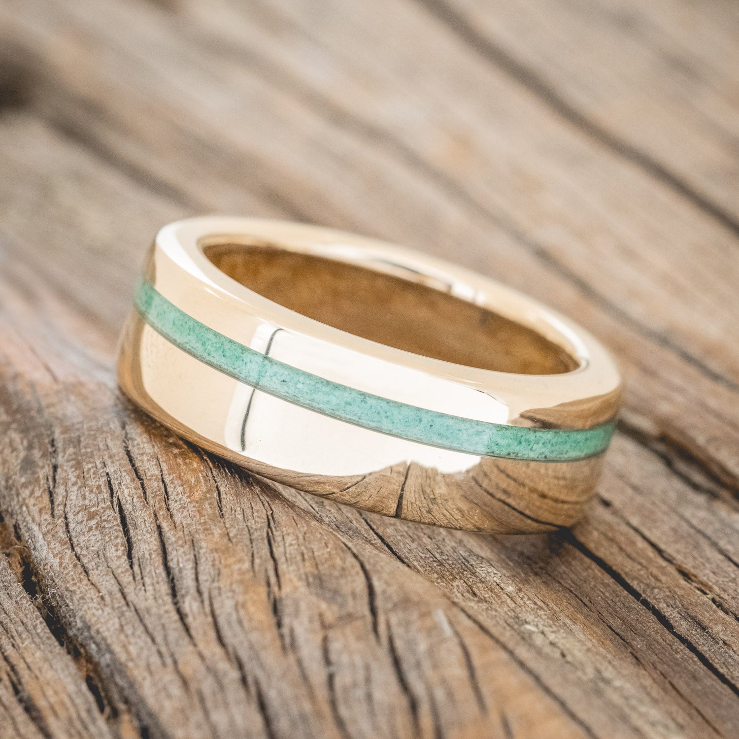 "VERTIGO" - MATCHING SET OF 14K GOLD BANDS WITH MALACHITE, LAPIS LAZULI INLAYS & WHISKEY BARREL LINING-5