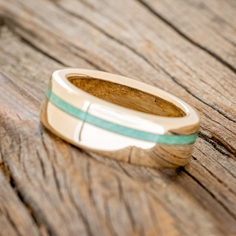 "VERTIGO" - MATCHING SET OF 14K GOLD BANDS WITH MALACHITE, LAPIS LAZULI INLAYS & WHISKEY BARREL LINING-11