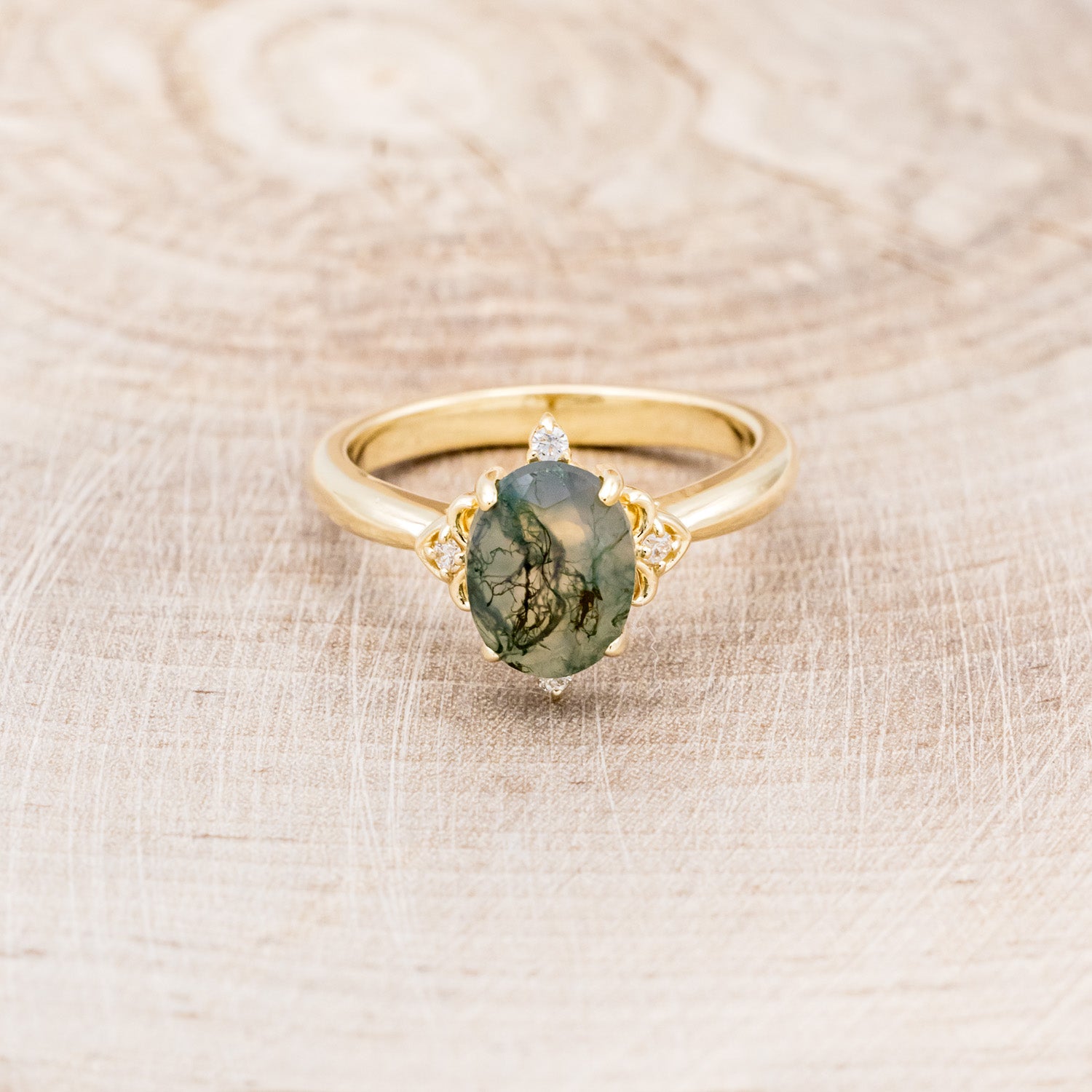 "ZELLA" - OVAL MOSS AGATE ENGAGEMENT RING WITH DIAMOND ACCENTS-15