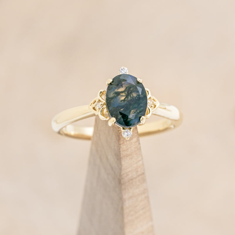 "ZELLA" - OVAL MOSS AGATE ENGAGEMENT RING WITH DIAMOND ACCENTS