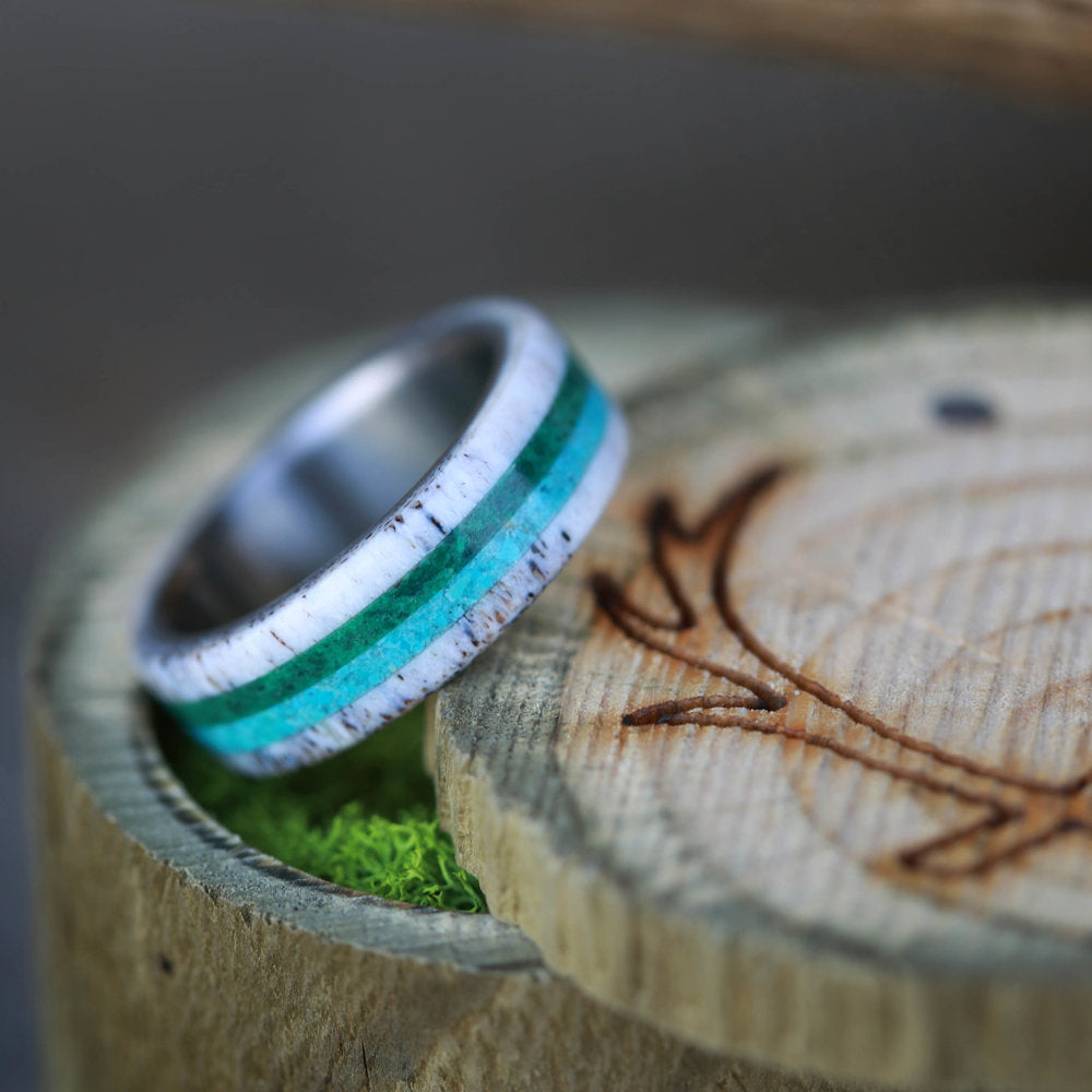 "CANYON" - MALACHITE, ANTLER & TURQUOISE WEDDING BAND-6
