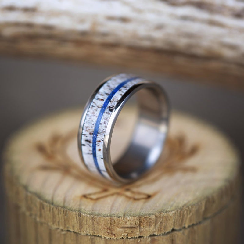 "REMMY" IN SINGLE CHANNEL WITH ELK ANTLER AND OFFSET LAPIS LAZULI INLAY (available in titanium, silver, black zirconium, damascus steel & 14K white, rose, or yellow gold) - Staghead Designs - Antler Rings By Staghead Designs