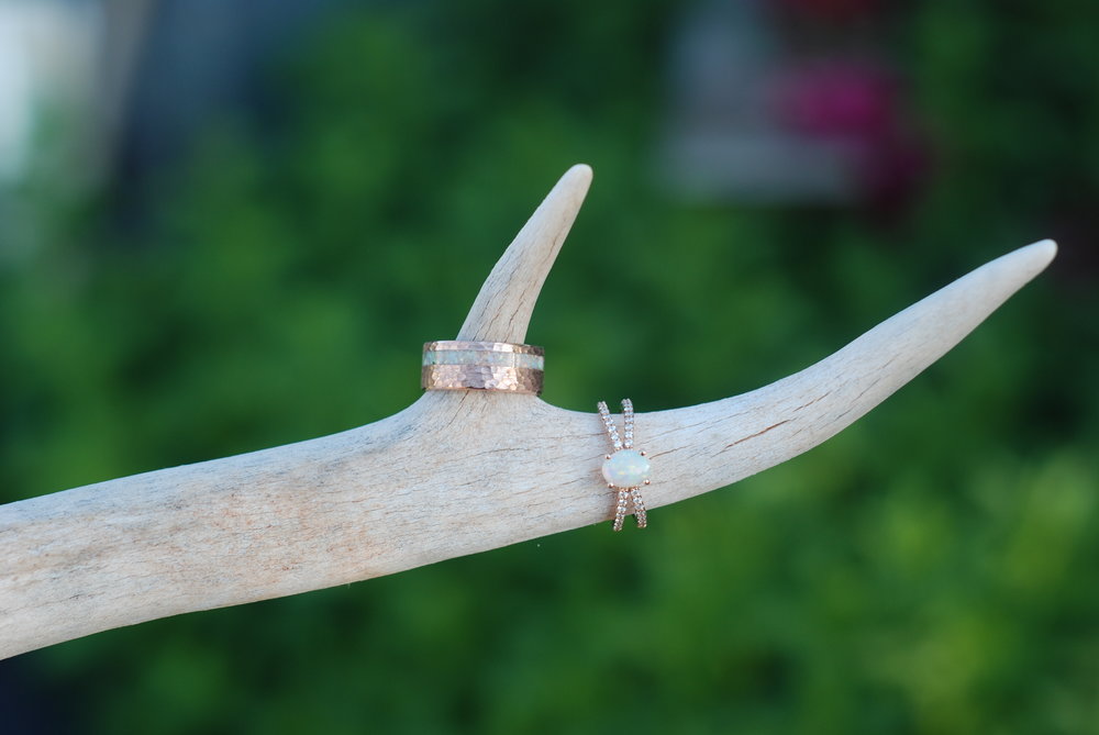 "VERTIGO" - OPAL WEDDING RING FEATURING A HAMMERED 14K GOLD BAND-5