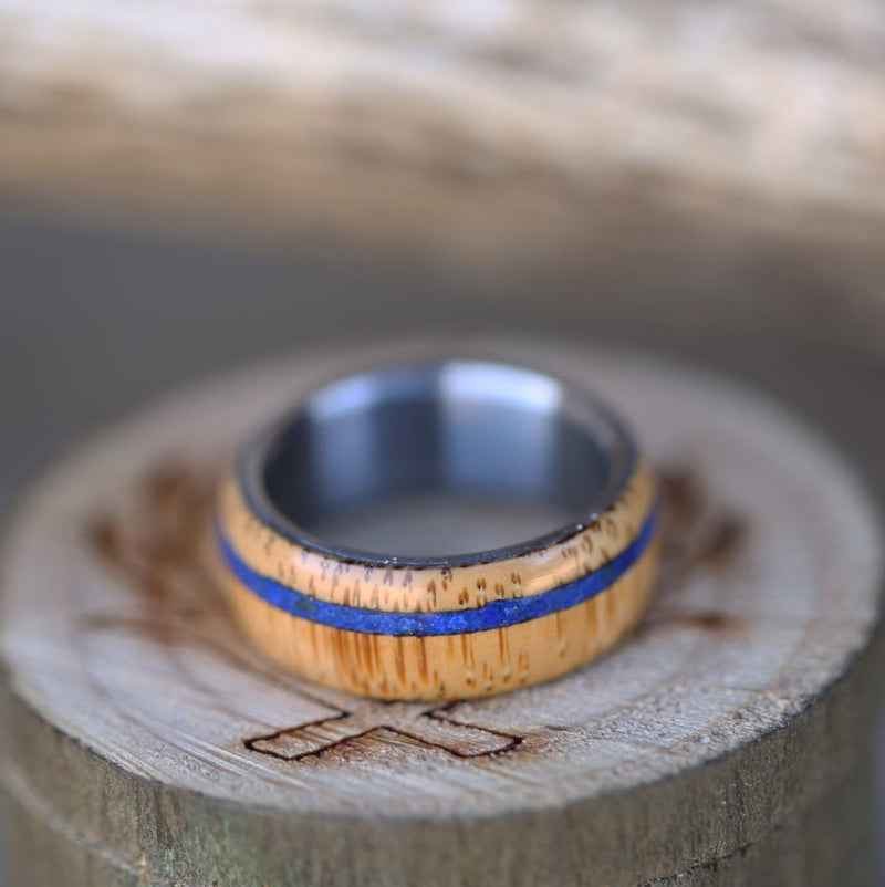 "REMMY" IN BAMBOO & LAPIS LAZULI - MEN'S WEDDING RING (available in titanium, silver, black zirconium & 14K white, rose, or yellow gold) - Staghead Designs - Antler Rings By Staghead Designs