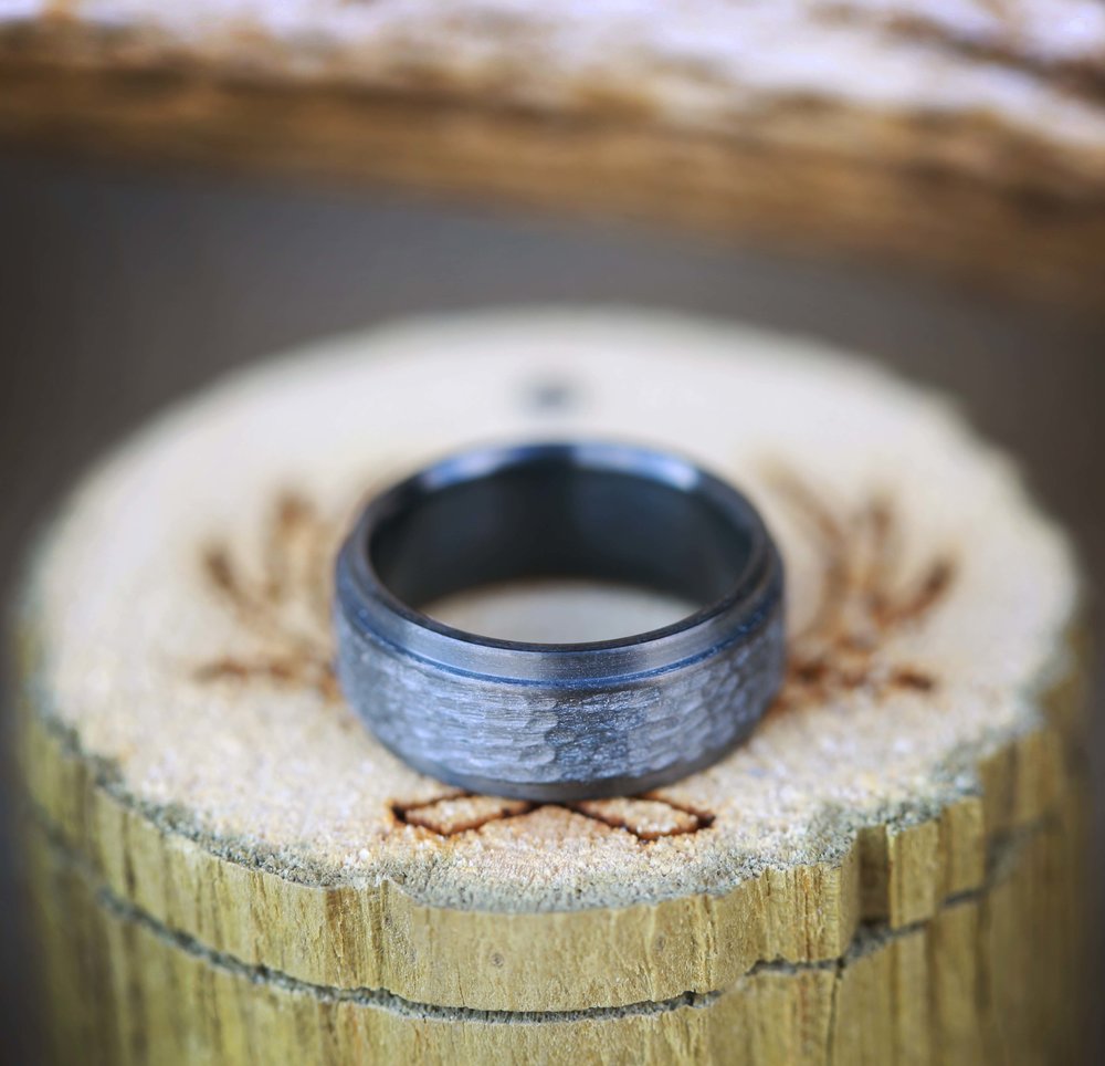 "SEDONA" - MATCHING SET OF BLACK ZIRCONIUM WEDDING RINGS WITH A HAMMERED FINISH-3