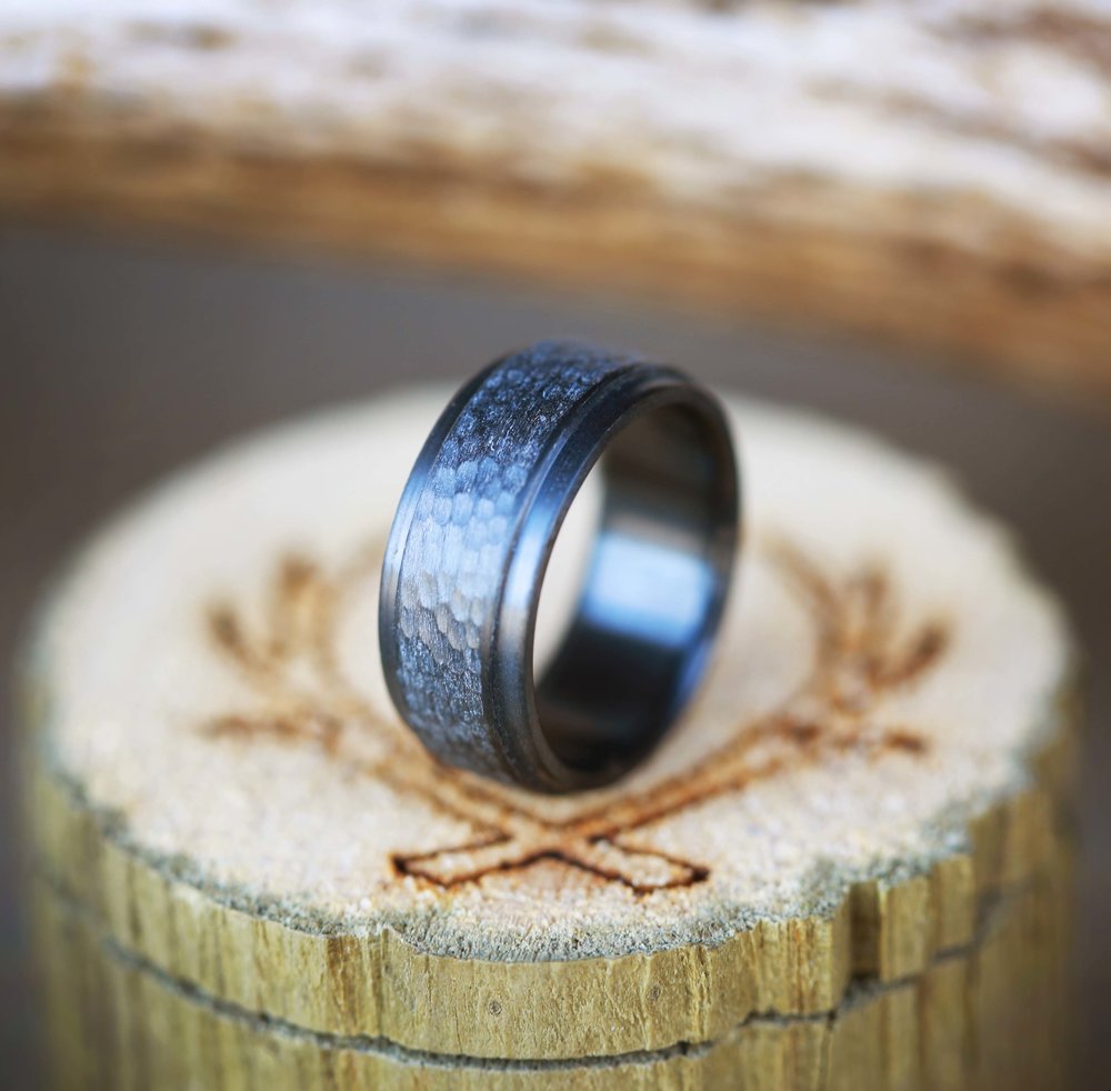 "SEDONA" - MATCHING SET OF BLACK ZIRCONIUM WEDDING RINGS WITH A HAMMERED FINISH-4