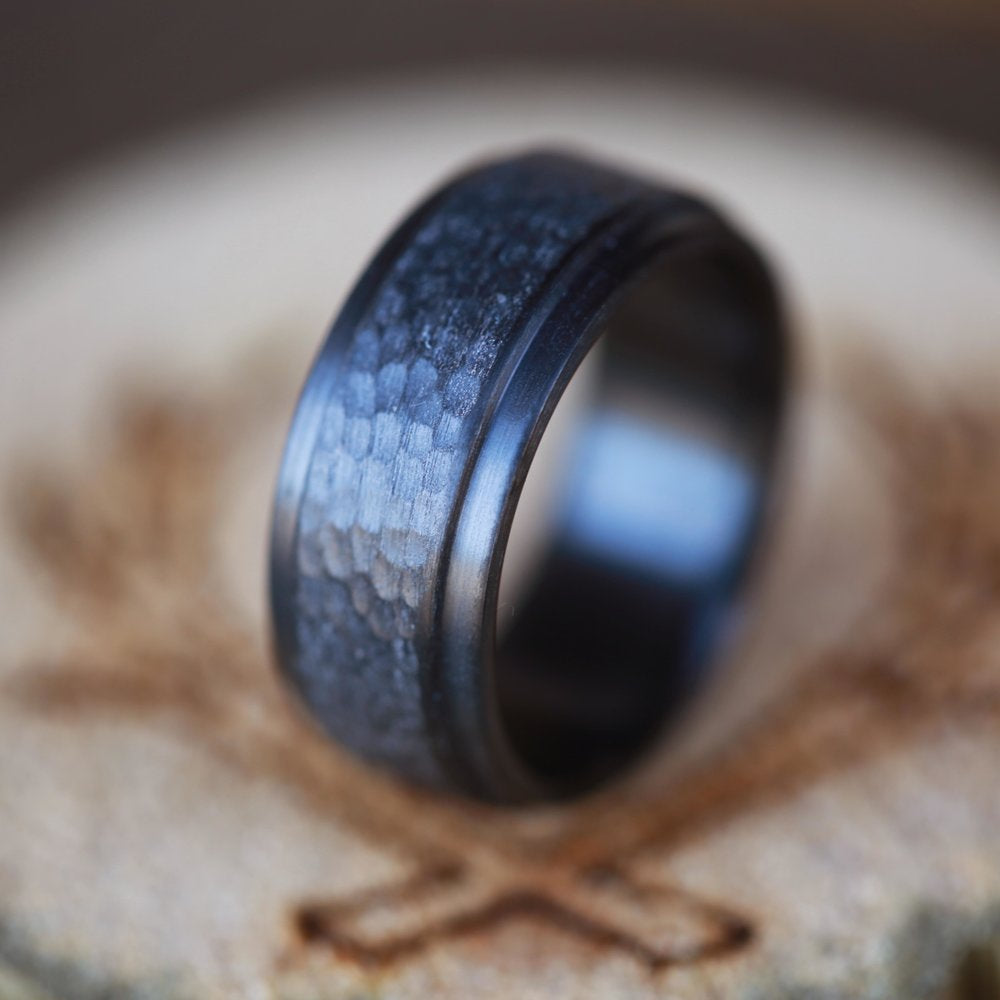 "SEDONA" - MATCHING SET OF BLACK ZIRCONIUM WEDDING RINGS WITH A HAMMERED FINISH-5