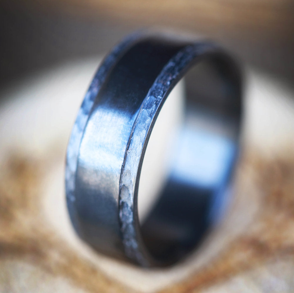 "SEDONA" - MATCHING SET OF BLACK ZIRCONIUM WEDDING RINGS WITH A HAMMERED FINISH-7