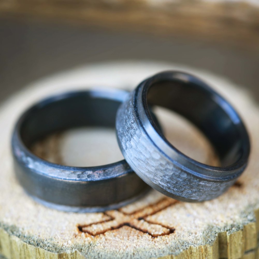 "SEDONA" - MATCHING SET OF BLACK ZIRCONIUM WEDDING RINGS WITH A HAMMERED FINISH-2