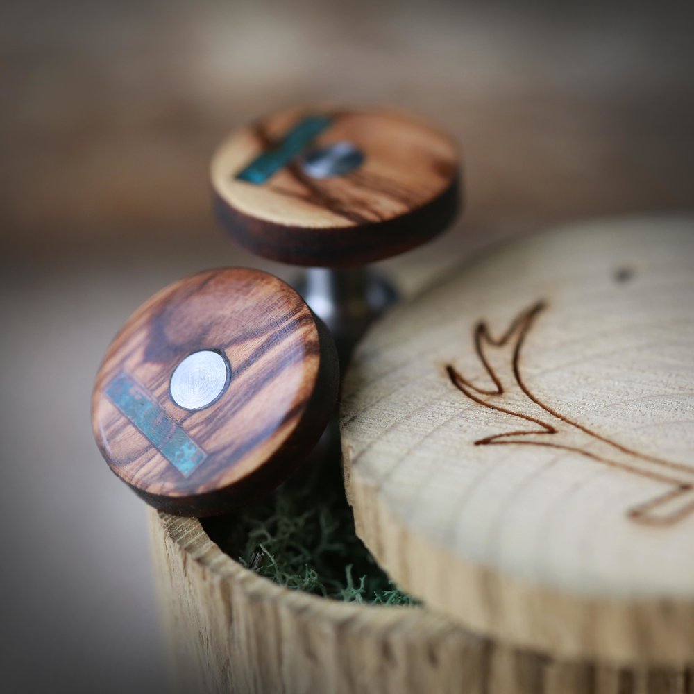 AUTHENTIC BETHLEHEM OLIVE WOOD CUFFLINKS WITH PATINA COPPER INLAYS