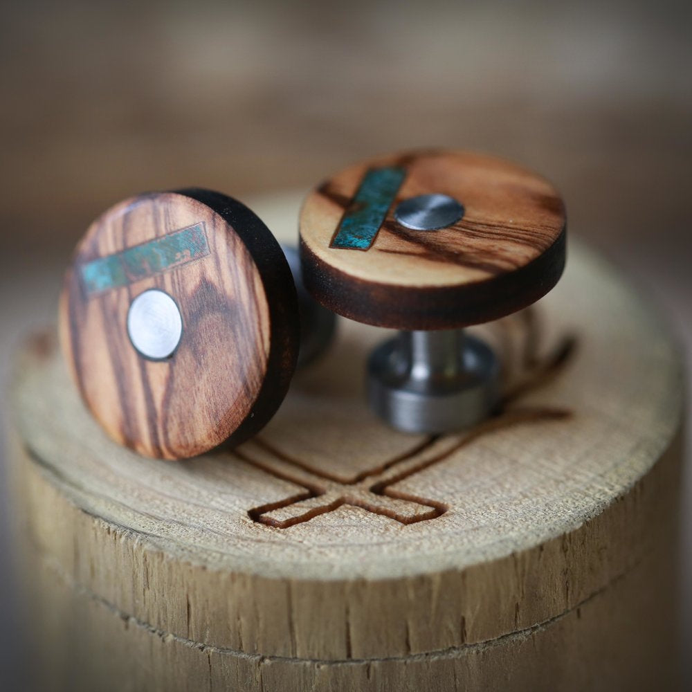 AUTHENTIC BETHLEHEM OLIVE WOOD CUFFLINKS WITH PATINA COPPER INLAYS