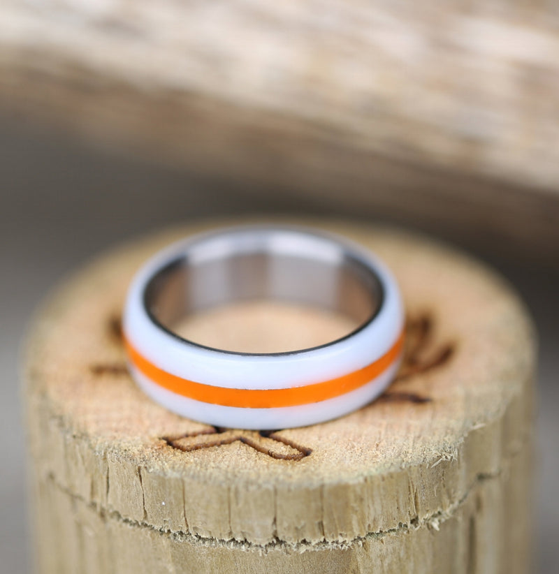 ORANGE & WHITE ACRYLIC WEDDING BAND (available in titanium, silver, black zirconium & 14K white, rose or yellow gold) - Staghead Designs - Antler Rings By Staghead Designs