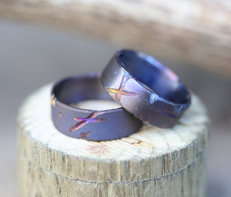FIRE-TREATED TITANIUM WITH DISTRESSED MARKS AND A SANDBLASTED FINISH - Staghead Designs - Antler Rings By Staghead Designs