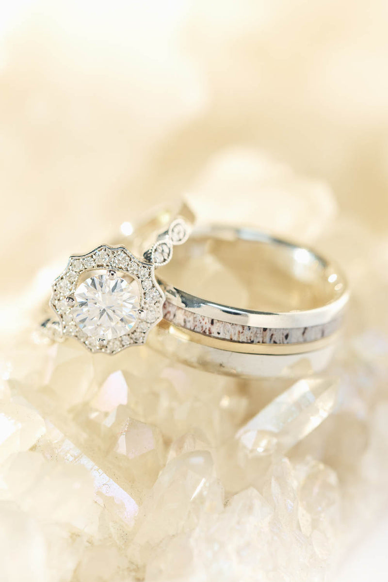 ROUND CUT MOISSANITE ENGAGEMENT RING WITH DIAMOND HALO & ACCENTS