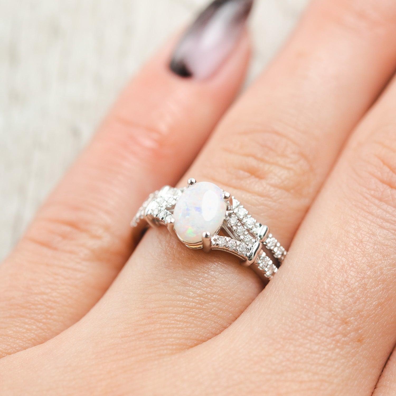 "EVLIN" - OVAL OPAL ENGAGEMENT RING WITH DIAMOND ACCENTS & TRACER-19