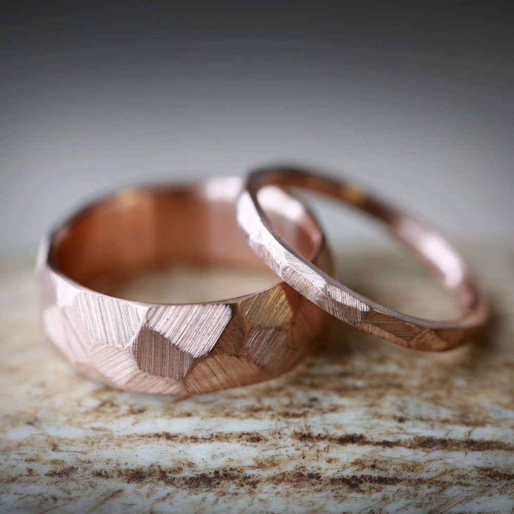 MATCHING SET OF FACETED WEDDING RINGS FEATURING TEXTURED 14K GOLD BANDS-15