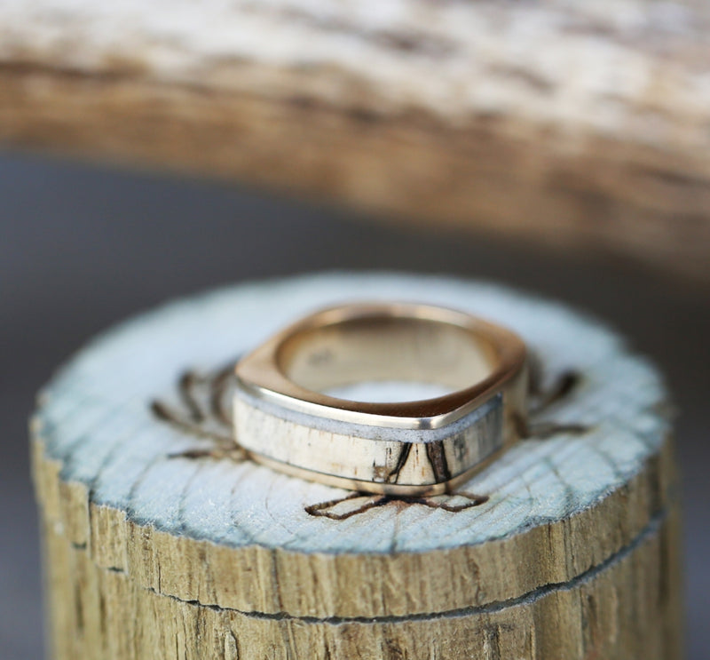 14K GOLD CUSTOM CAST WEDDING BAND FEATURING SPALTED MAPLE & ELK ANTLER (available in silver, 14K white, rose, or yellow gold) - Staghead Designs - Antler Rings By Staghead Designs