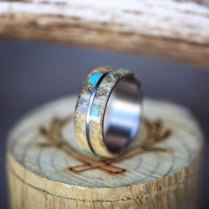 "GOLDEN" - BUCKEYE BURL WOOD WEDDING BAND WITH TURQUOISE INAYS - 14K WHITE GOLD - SIZE 8-2